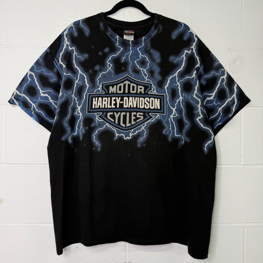 Vintage AOP Harley Davidson 90s 2000s Blue Lightning T-Shirt XL Sioux City Iowa